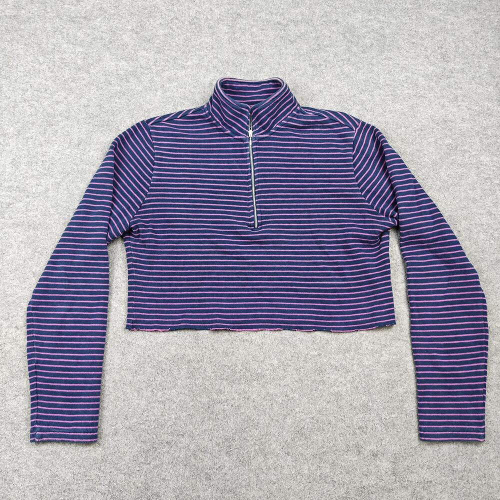 Orvis Sweater Womens Small Blue Striped 1/4 Zip Collared Cropped Pullover
